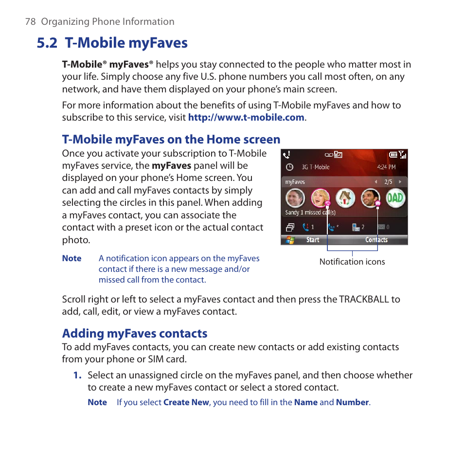 2 t-mobile myfaves, T-mobile myfaves on the home screen, Adding myfaves contacts | T-mobile.myfaves | HTC Dash 3G HS S200 User Manual | Page 78 / 192