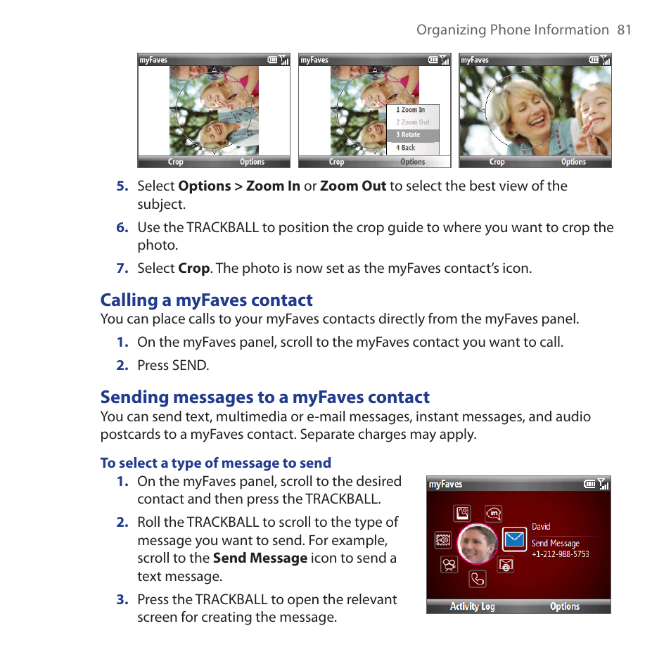 Calling a myfaves contact, Sending messages to a myfaves contact | HTC Dash 3G HS S200 User Manual | Page 81 / 192