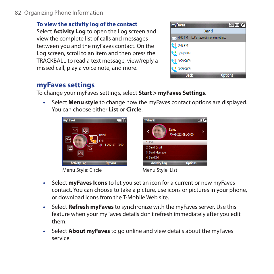 Myfaves settings | HTC Dash 3G HS S200 User Manual | Page 82 / 192