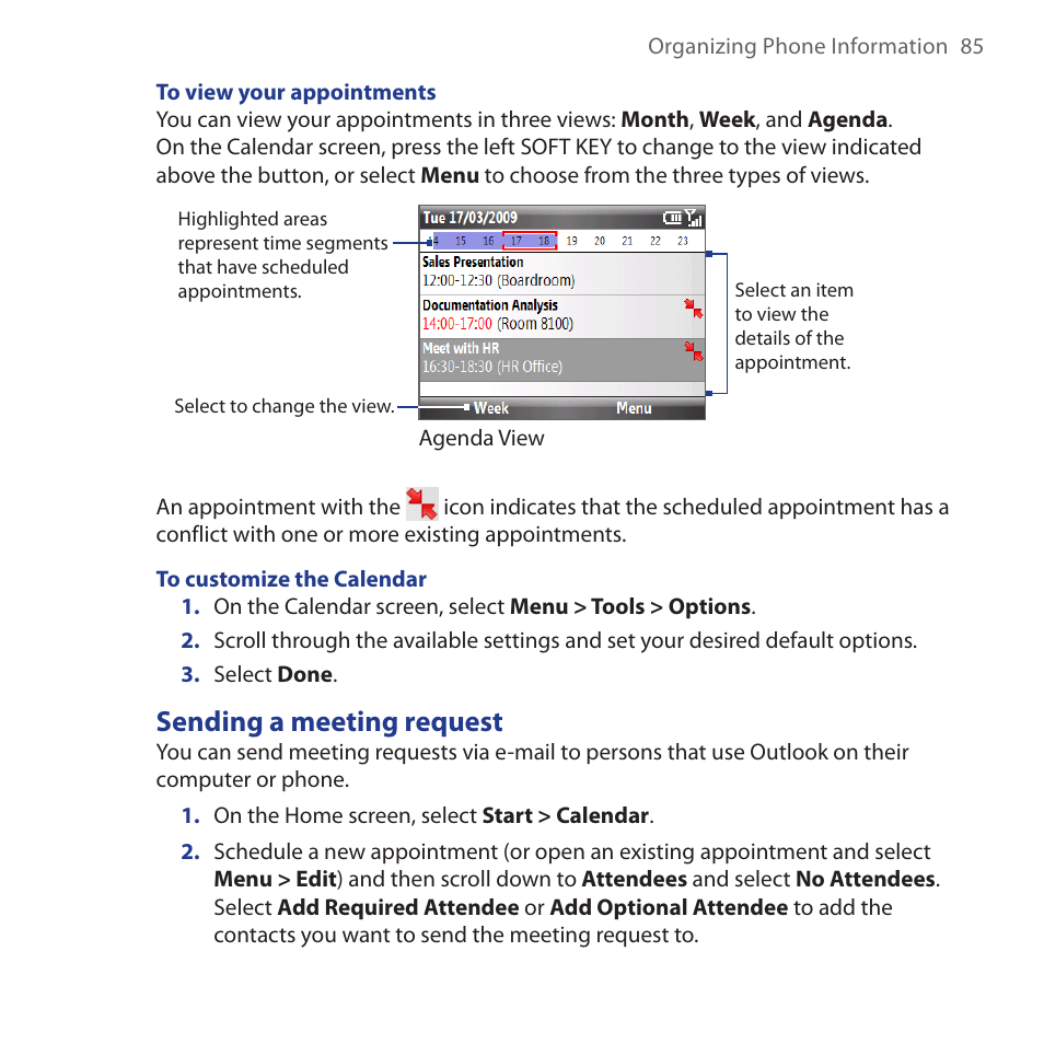 Sending a meeting request | HTC Dash 3G HS S200 User Manual | Page 85 / 192