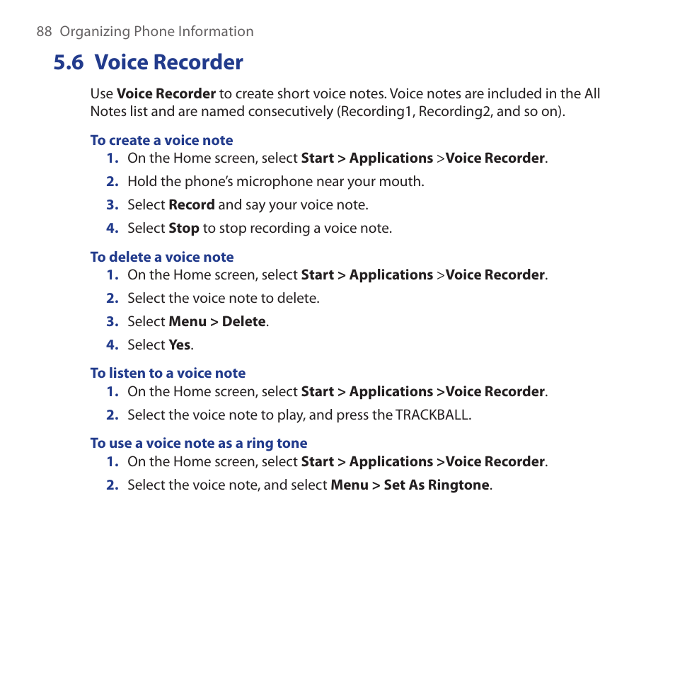6 voice recorder, Voice.recorder | HTC Dash 3G HS S200 User Manual | Page 88 / 192