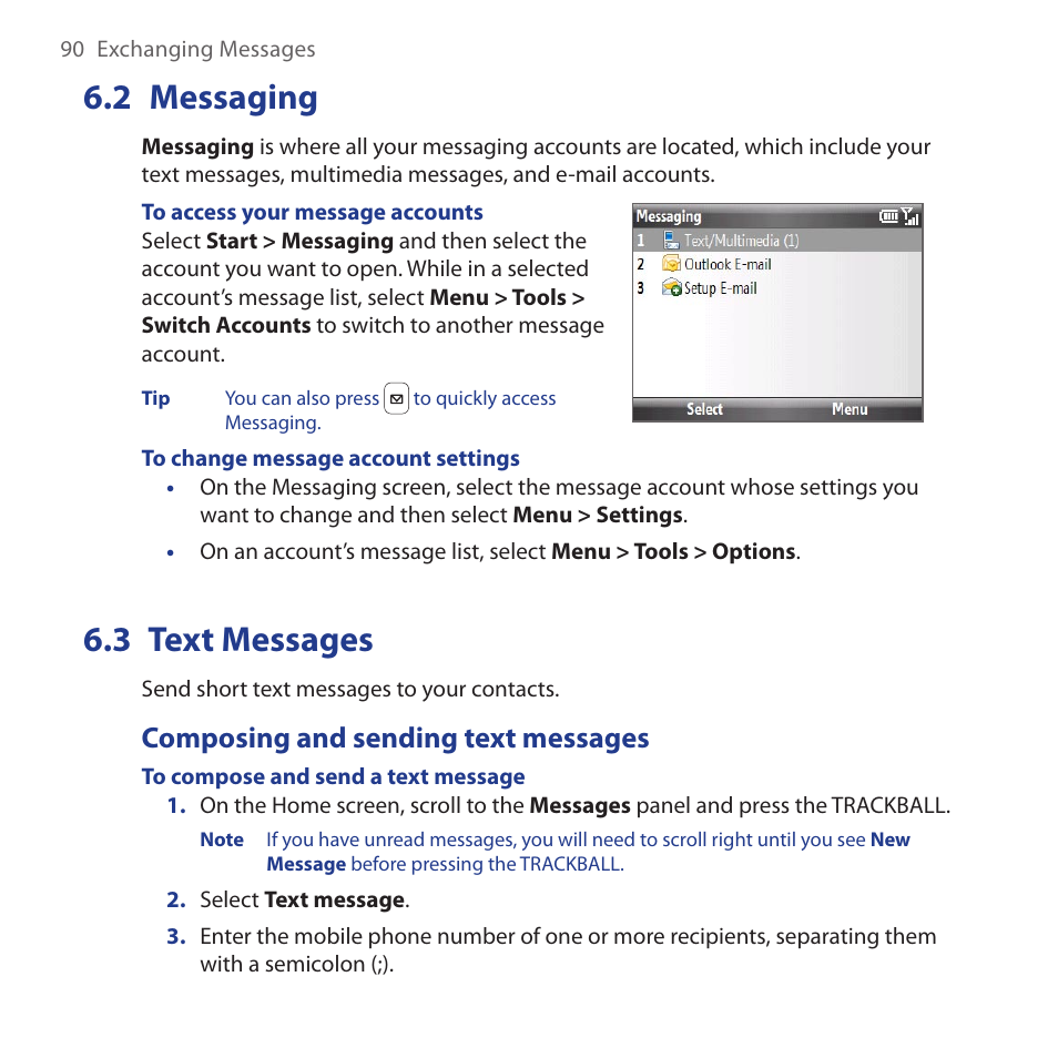 2 messaging, 3 text messages, Composing and sending text messages | Messaging 6.3. text.messages | HTC Dash 3G HS S200 User Manual | Page 90 / 192