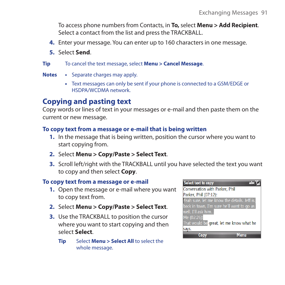 Copying and pasting text | HTC Dash 3G HS S200 User Manual | Page 91 / 192