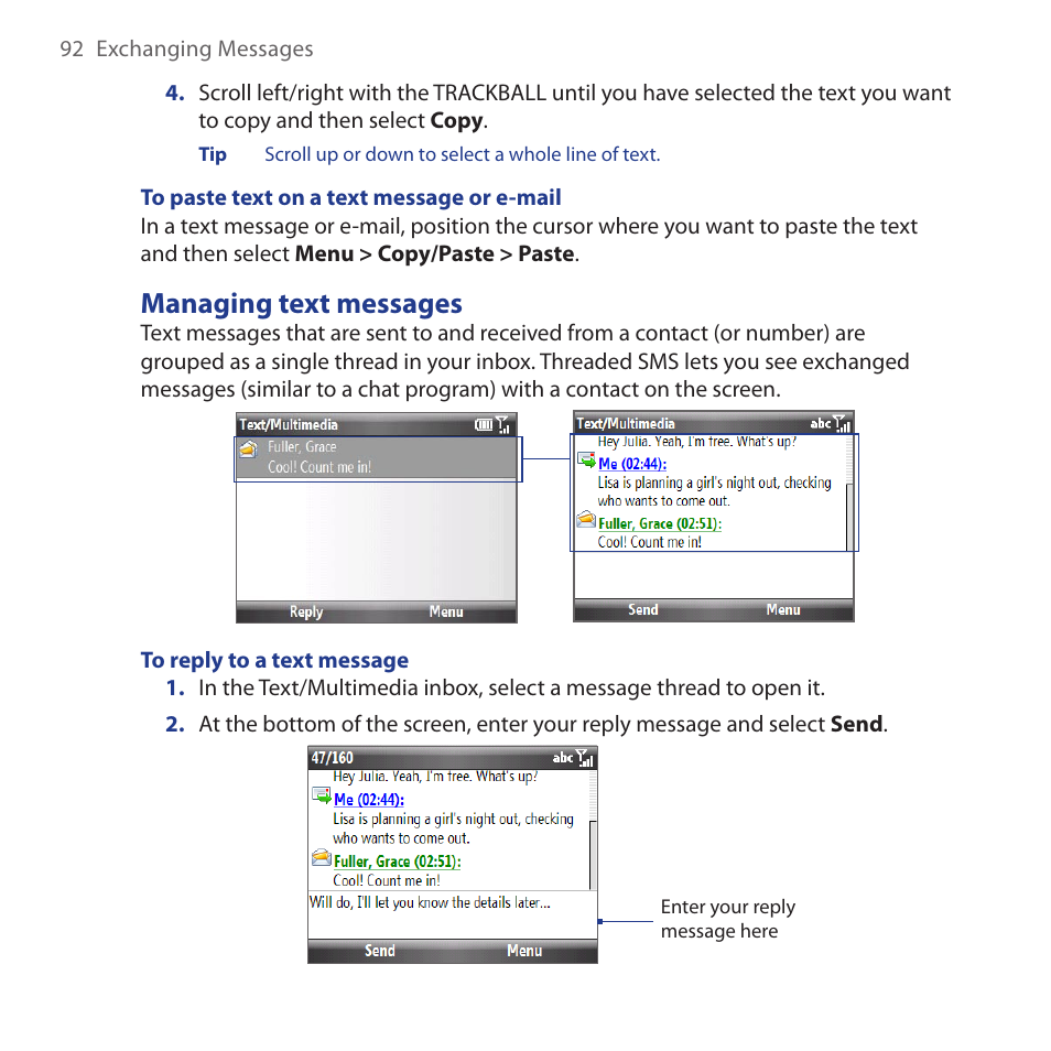 Managing text messages | HTC Dash 3G HS S200 User Manual | Page 92 / 192