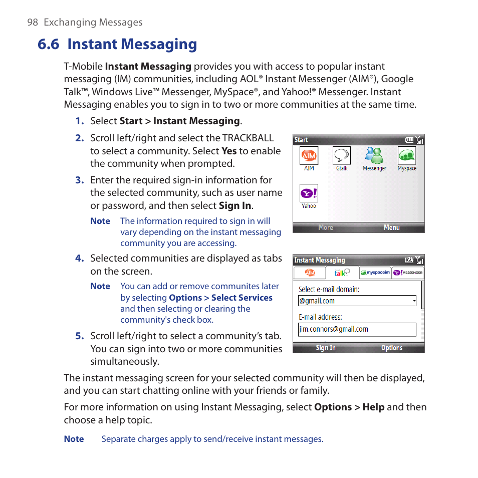 6 instant messaging, Instant.messaging | HTC Dash 3G HS S200 User Manual | Page 98 / 192