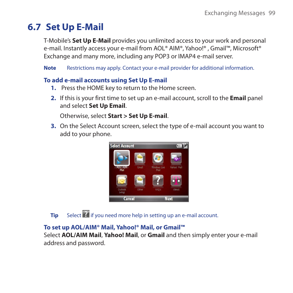 7 set up e-mail, Set.up.e-mail | HTC Dash 3G HS S200 User Manual | Page 99 / 192