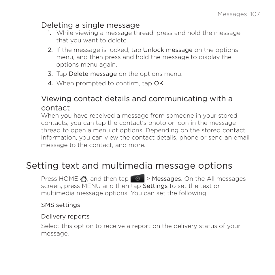 Setting text and multimedia message options, Deleting a single message | HTC DROID Incredible User Manual | Page 107 / 308