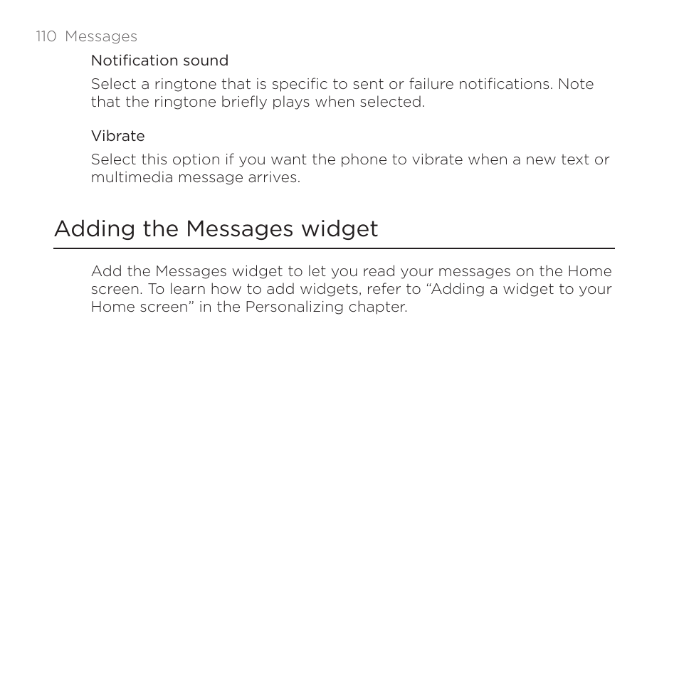 Adding the messages widget | HTC DROID Incredible User Manual | Page 110 / 308