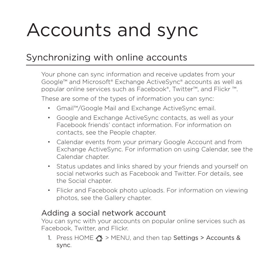 Accounts and sync, Synchronizing with online accounts | HTC DROID Incredible User Manual | Page 111 / 308