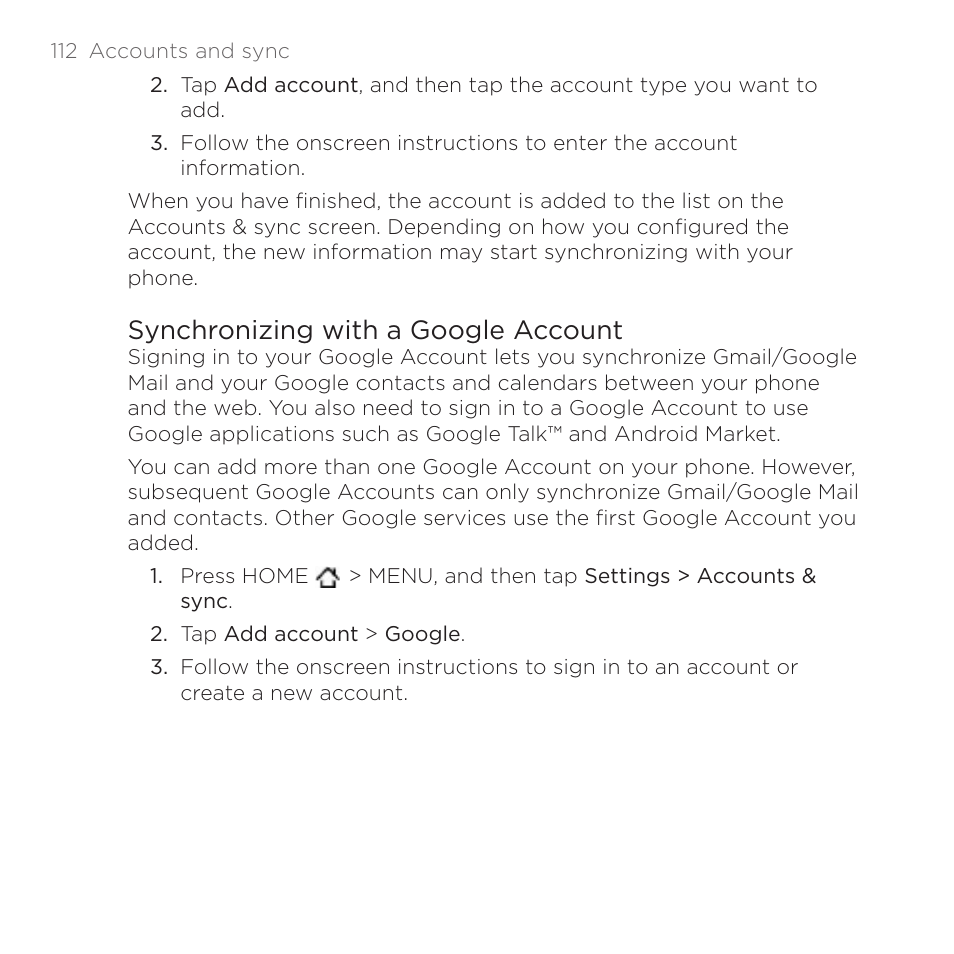 Synchronizing with a google account | HTC DROID Incredible User Manual | Page 112 / 308