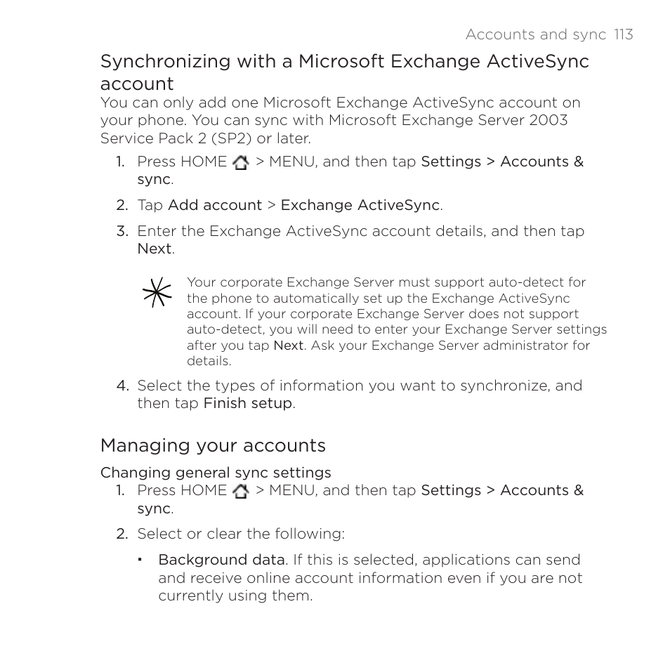 Managing your accounts | HTC DROID Incredible User Manual | Page 113 / 308