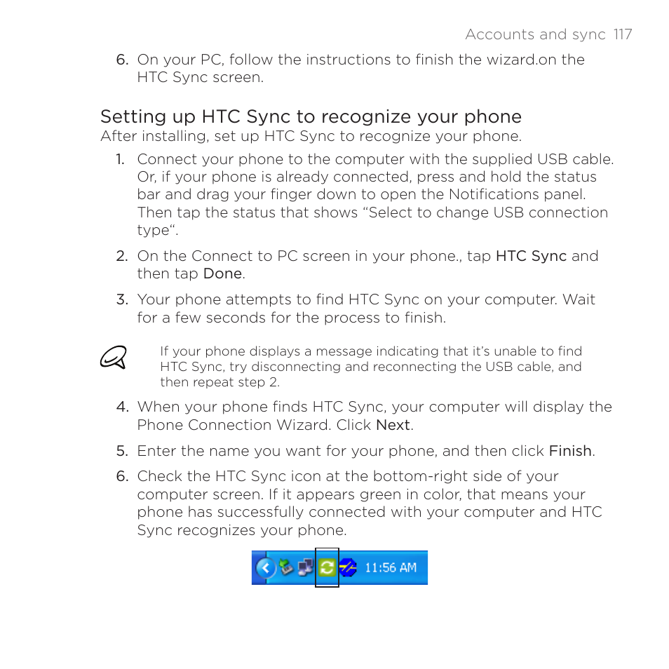 Setting up htc sync to recognize your phone | HTC DROID Incredible User Manual | Page 117 / 308