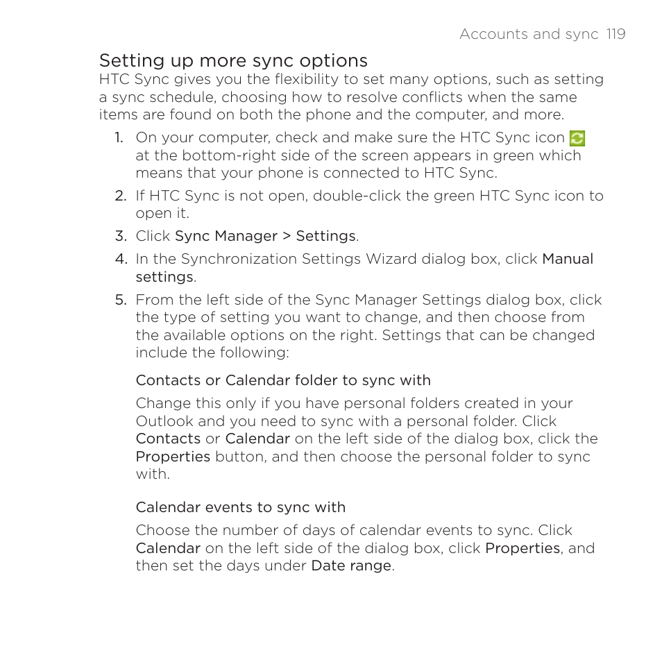 Setting up more sync options | HTC DROID Incredible User Manual | Page 119 / 308