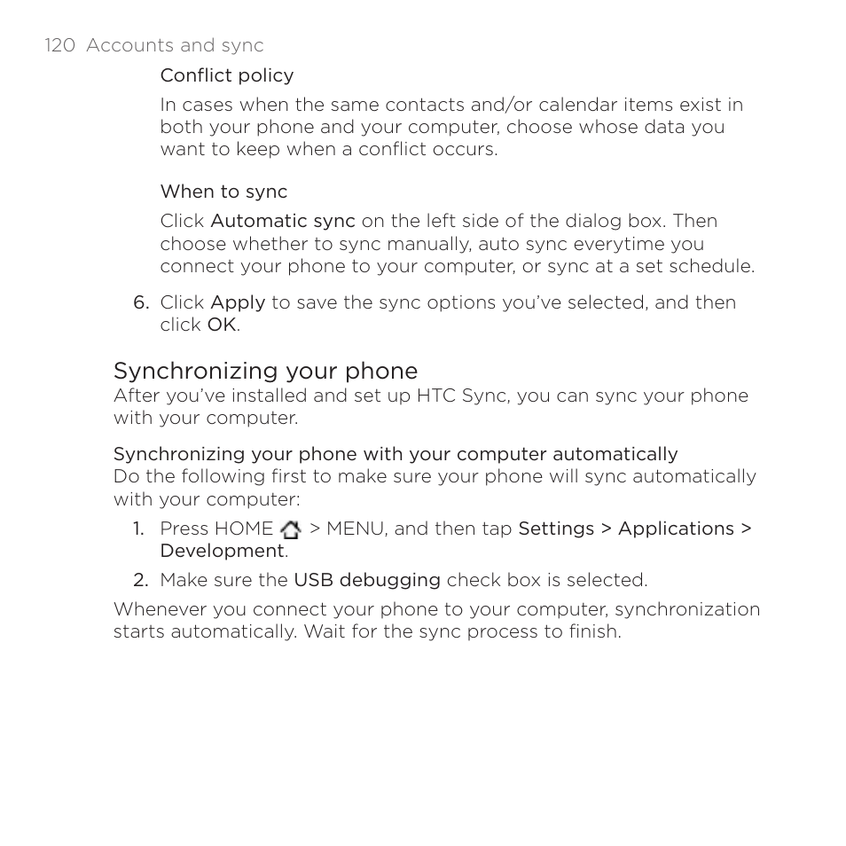 Synchronizing your phone | HTC DROID Incredible User Manual | Page 120 / 308