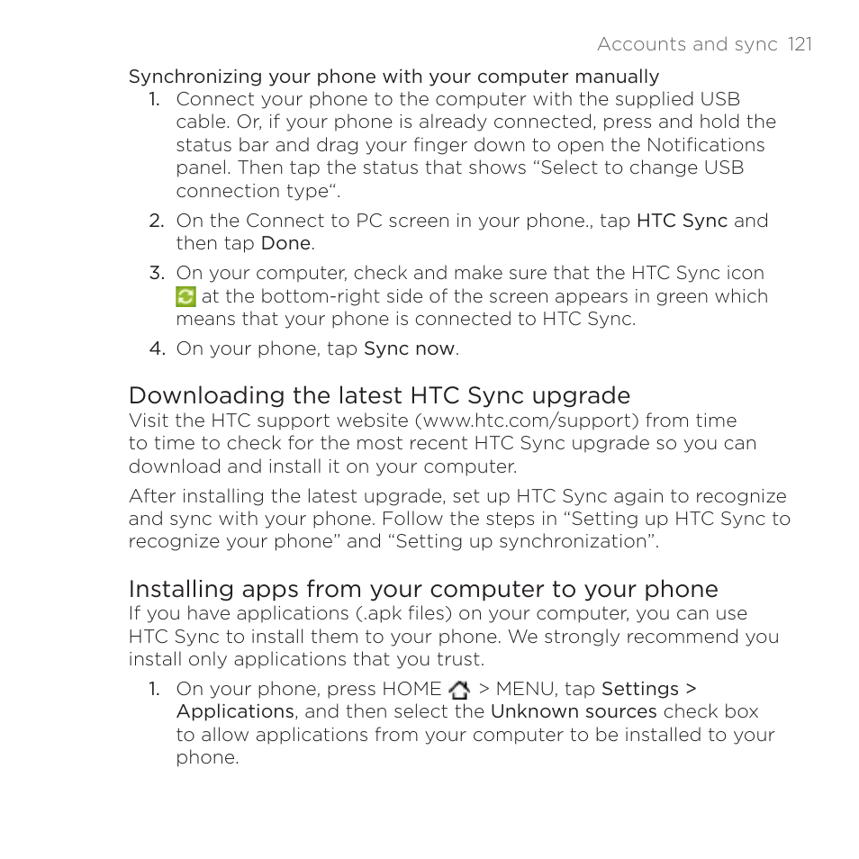 Downloading the latest htc sync upgrade, Installing apps from your computer to your phone | HTC DROID Incredible User Manual | Page 121 / 308