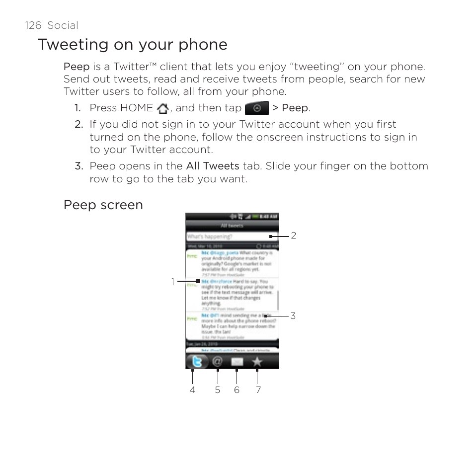 Tweeting on your phone, Peep screen | HTC DROID Incredible User Manual | Page 126 / 308