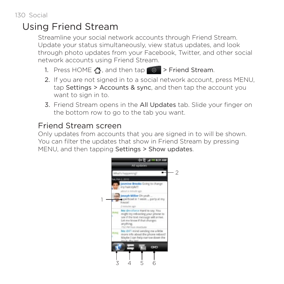 Using friend stream, Friend stream screen | HTC DROID Incredible User Manual | Page 130 / 308