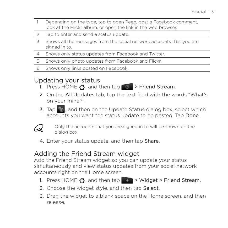 Updating your status, Adding the friend stream widget | HTC DROID Incredible User Manual | Page 131 / 308