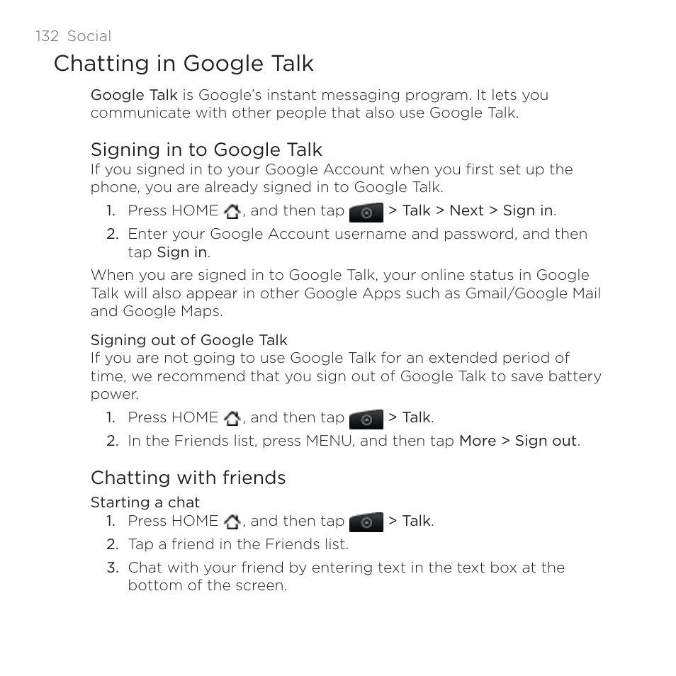 Chatting in google talk, Signing in to google talk, Chatting with friends | HTC DROID Incredible User Manual | Page 132 / 308