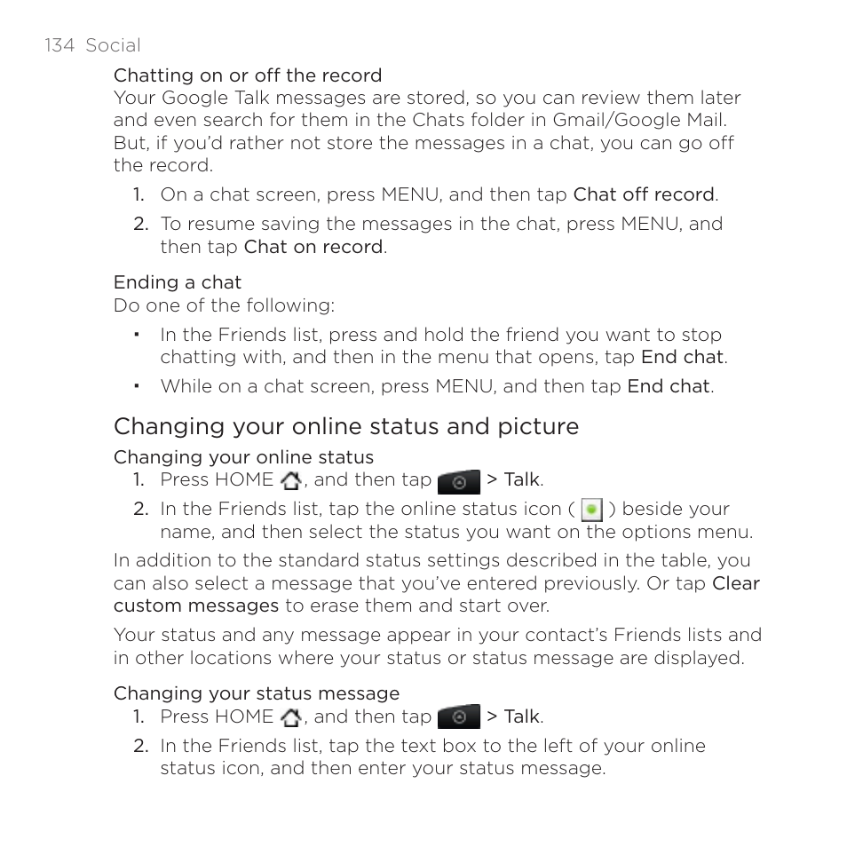 Changing your online status and picture | HTC DROID Incredible User Manual | Page 134 / 308