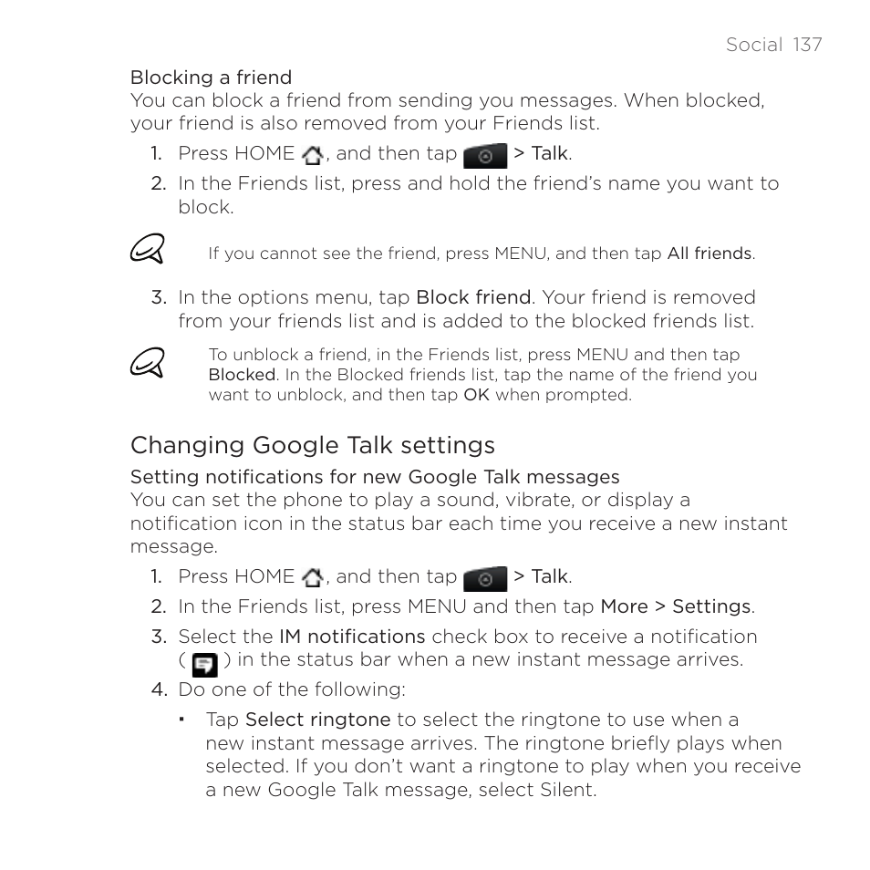 Changing google talk settings | HTC DROID Incredible User Manual | Page 137 / 308