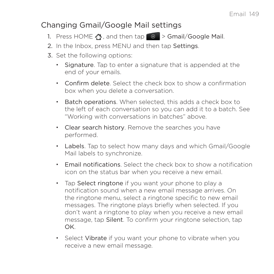 Changing gmail/google mail settings | HTC DROID Incredible User Manual | Page 149 / 308