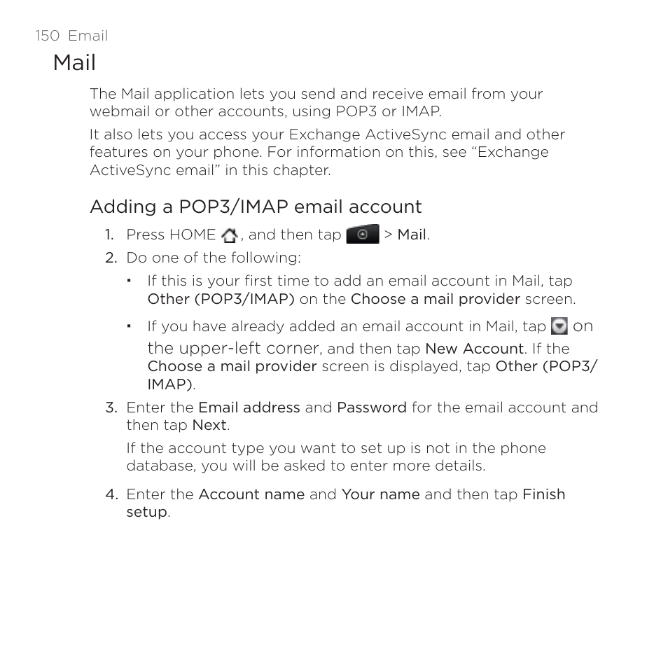 Mail, Adding a pop3/imap email account | HTC DROID Incredible User Manual | Page 150 / 308