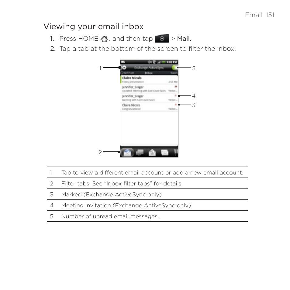 Viewing your email inbox | HTC DROID Incredible User Manual | Page 151 / 308