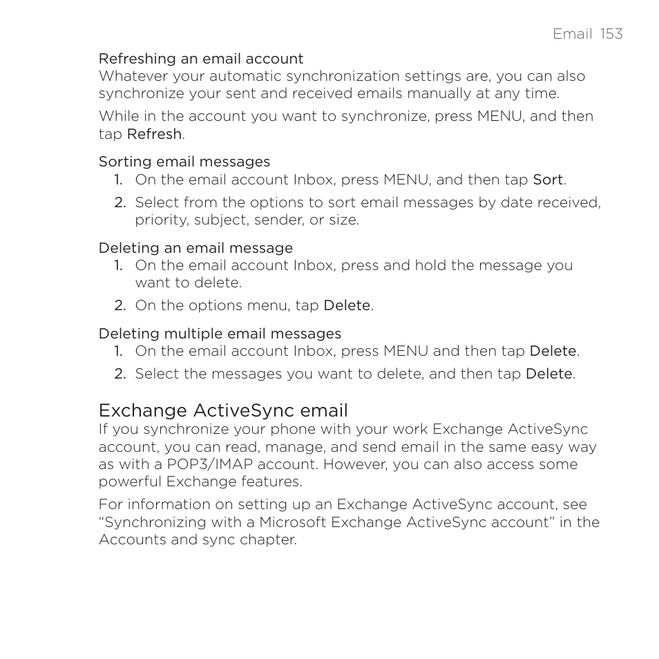 Exchange activesync email | HTC DROID Incredible User Manual | Page 153 / 308