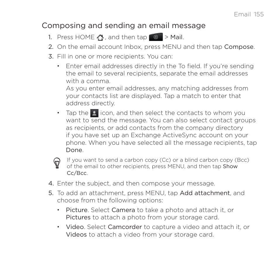 Composing and sending an email message | HTC DROID Incredible User Manual | Page 155 / 308
