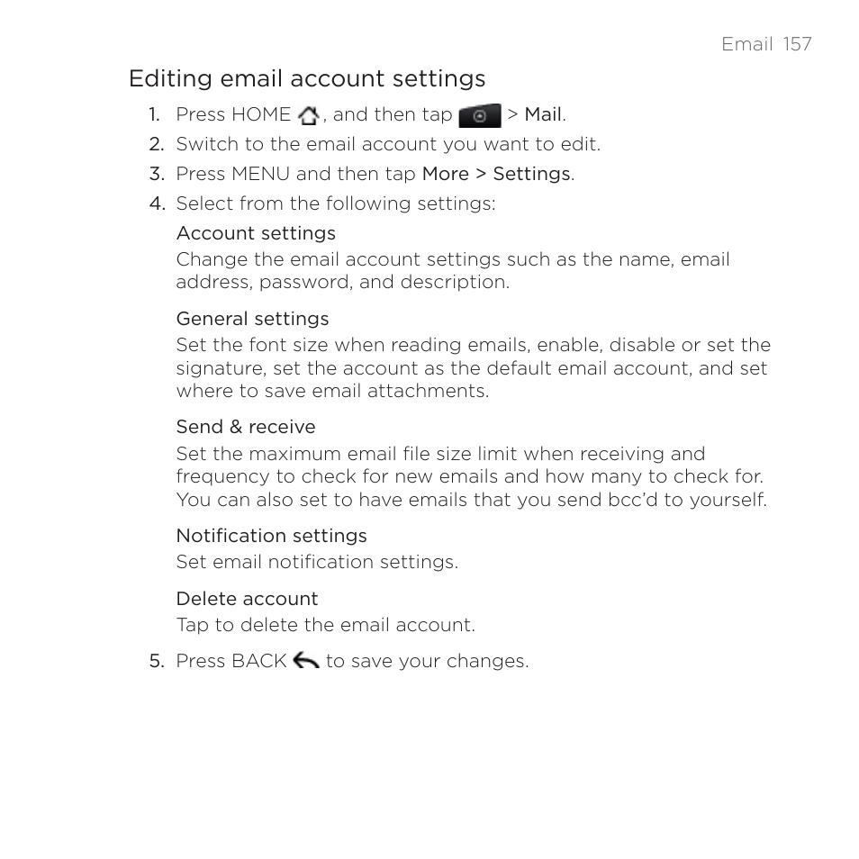 Editing email account settings | HTC DROID Incredible User Manual | Page 157 / 308