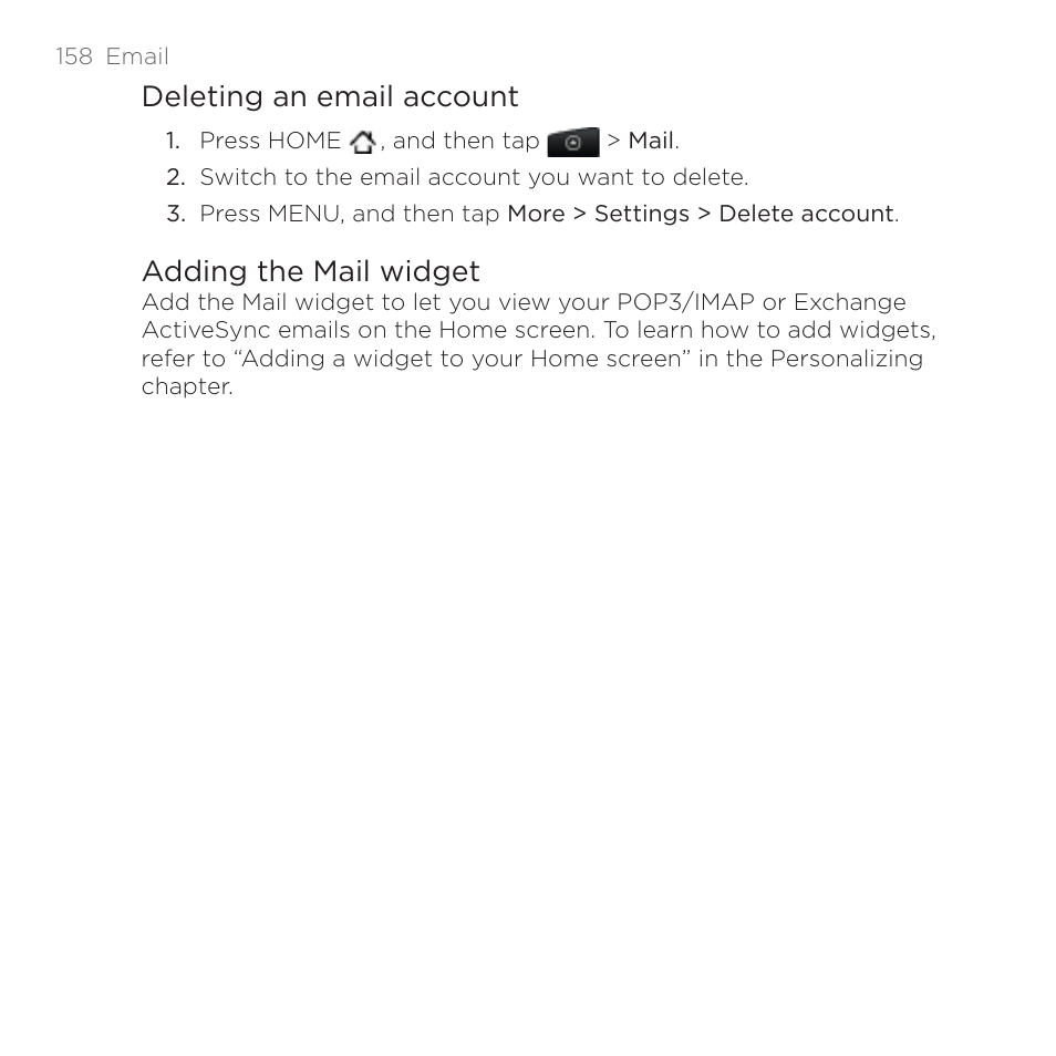 Deleting an email account, Adding the mail widget | HTC DROID Incredible User Manual | Page 158 / 308