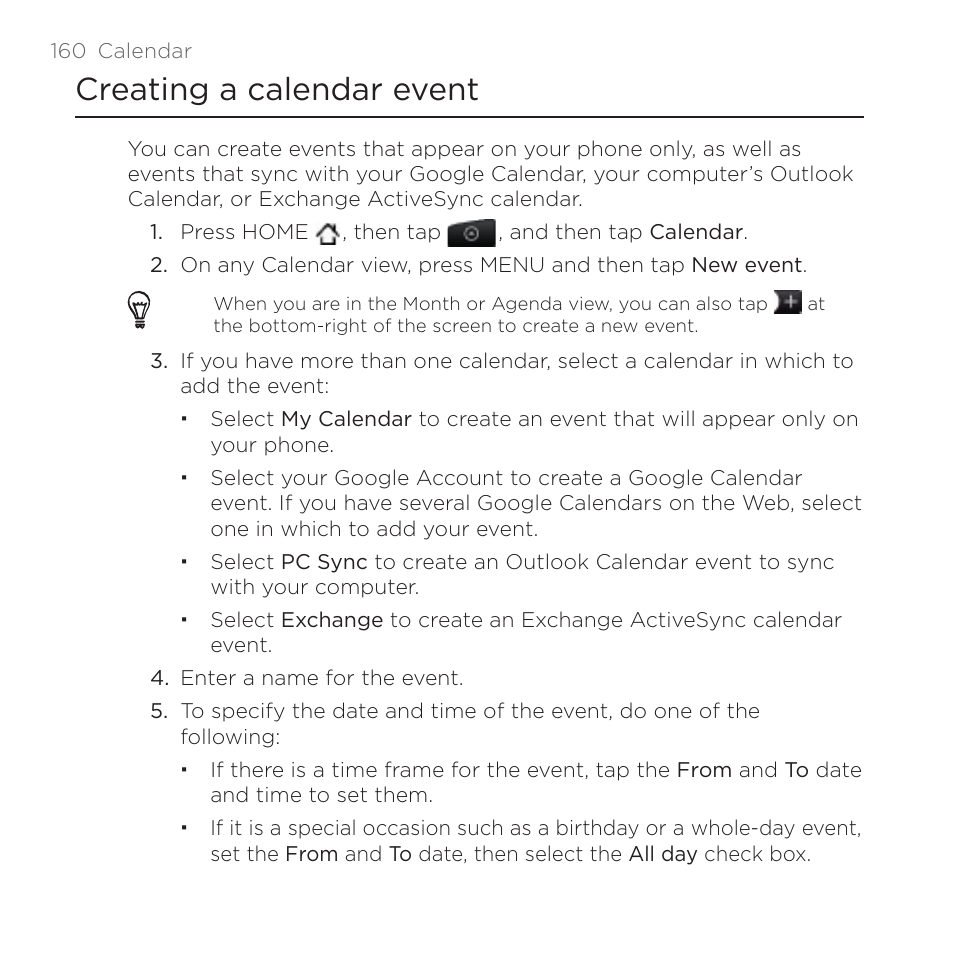 Creating a calendar event | HTC DROID Incredible User Manual | Page 160 / 308