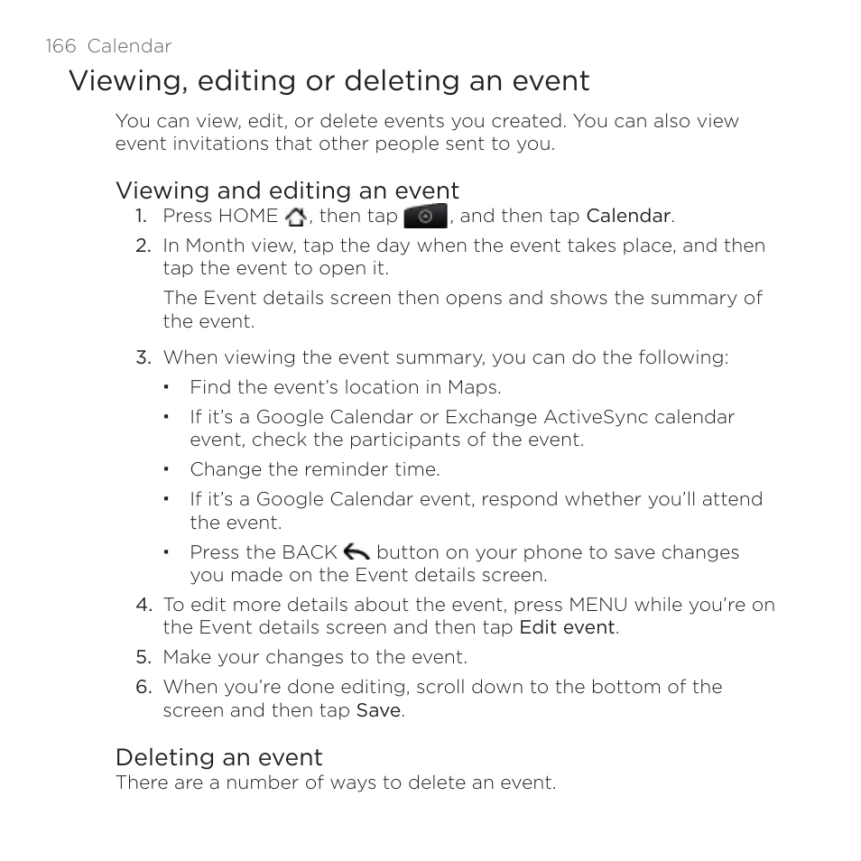 Viewing, editing or deleting an event, Viewing and editing an event, Deleting an event | HTC DROID Incredible User Manual | Page 166 / 308