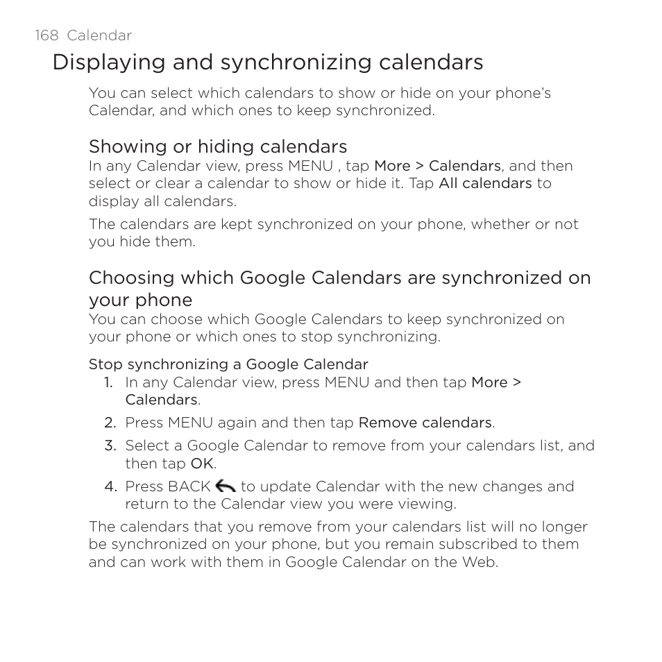 Displaying and synchronizing calendars, Showing or hiding calendars | HTC DROID Incredible User Manual | Page 168 / 308