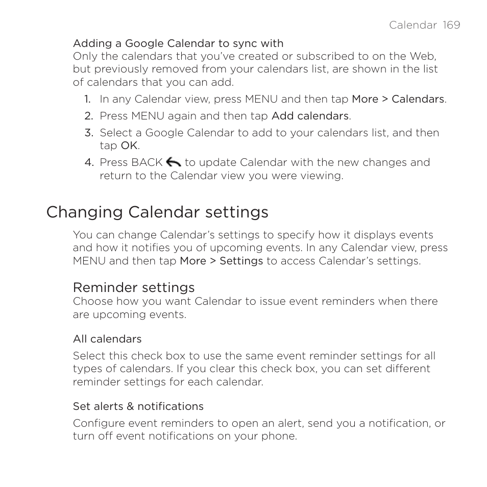 Changing calendar settings, Reminder settings | HTC DROID Incredible User Manual | Page 169 / 308