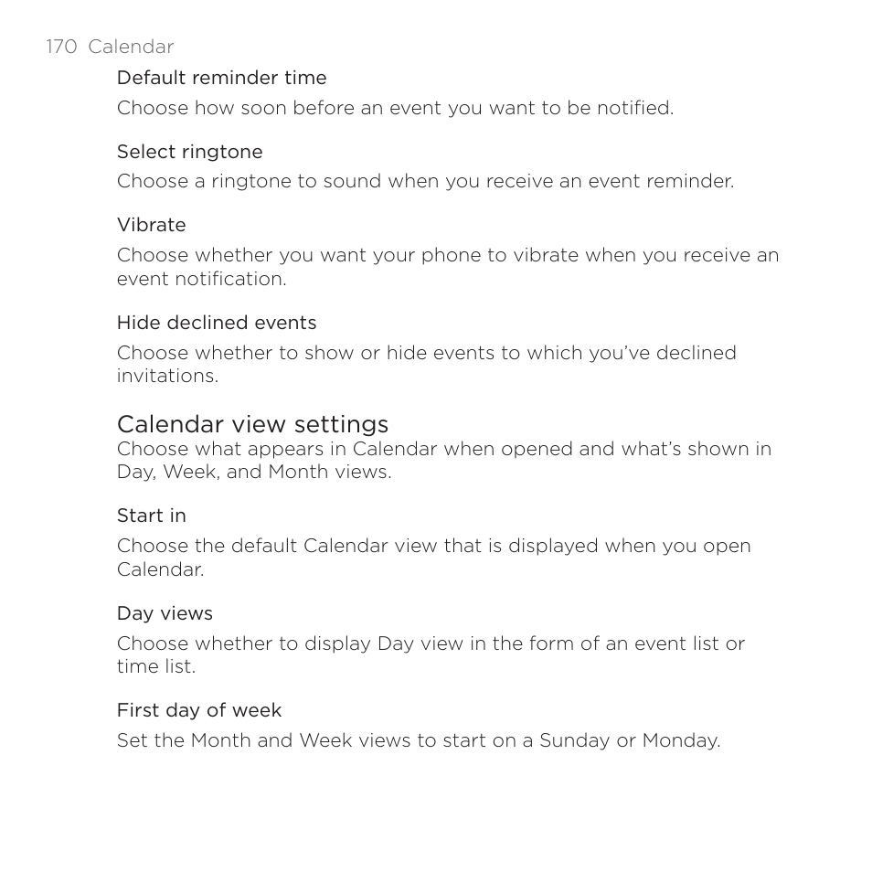 Calendar view settings | HTC DROID Incredible User Manual | Page 170 / 308