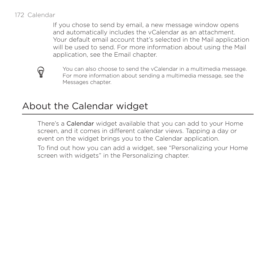 About the calendar widget | HTC DROID Incredible User Manual | Page 172 / 308