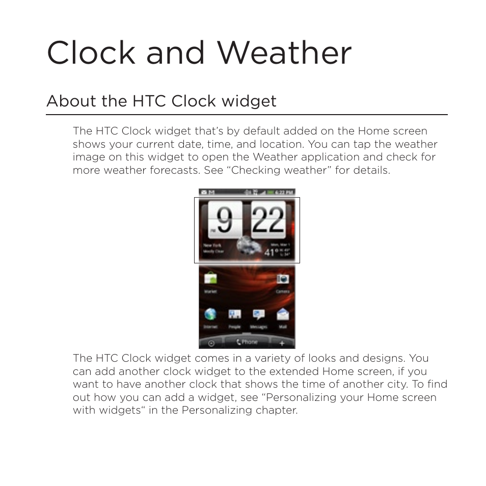Clock and weather, About the htc clock widget | HTC DROID Incredible User Manual | Page 173 / 308