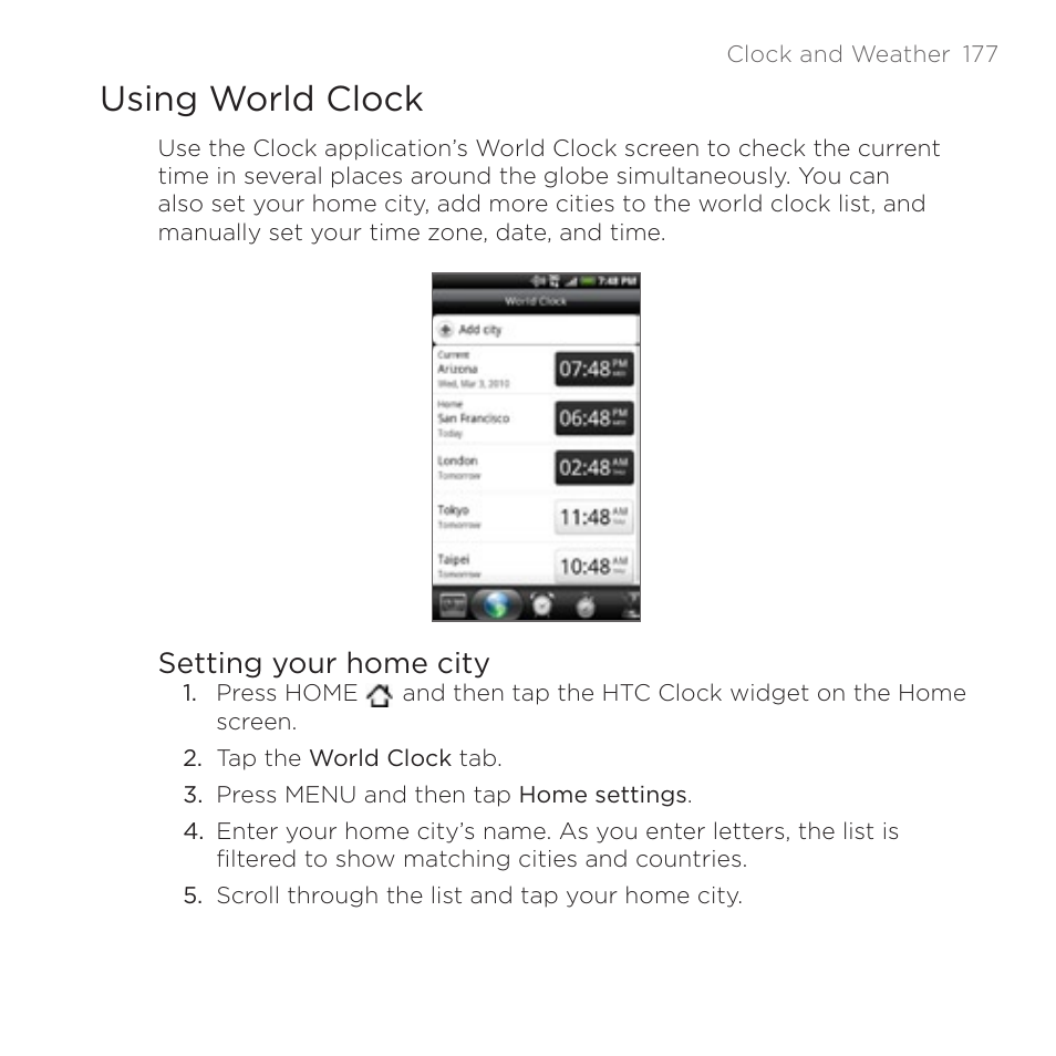Using world clock, Setting your home city | HTC DROID Incredible User Manual | Page 177 / 308