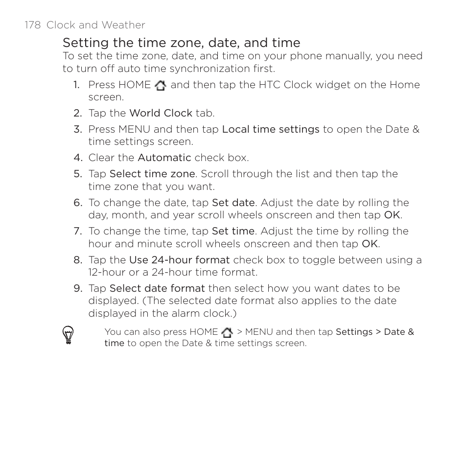Setting the time zone, date, and time | HTC DROID Incredible User Manual | Page 178 / 308