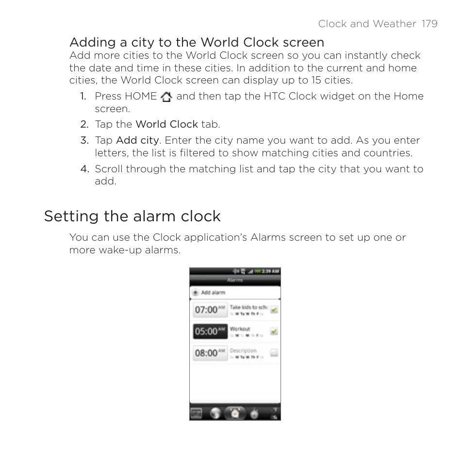 Setting the alarm clock, Adding a city to the world clock screen | HTC DROID Incredible User Manual | Page 179 / 308