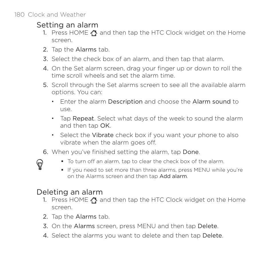 Setting an alarm, Deleting an alarm | HTC DROID Incredible User Manual | Page 180 / 308