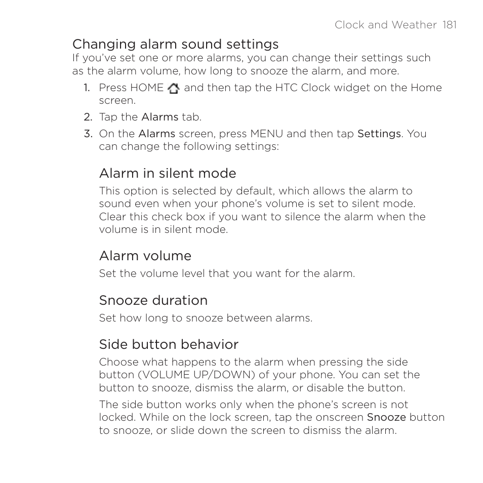 Changing alarm sound settings, Alarm in silent mode, Alarm volume | Snooze duration, Side button behavior | HTC DROID Incredible User Manual | Page 181 / 308