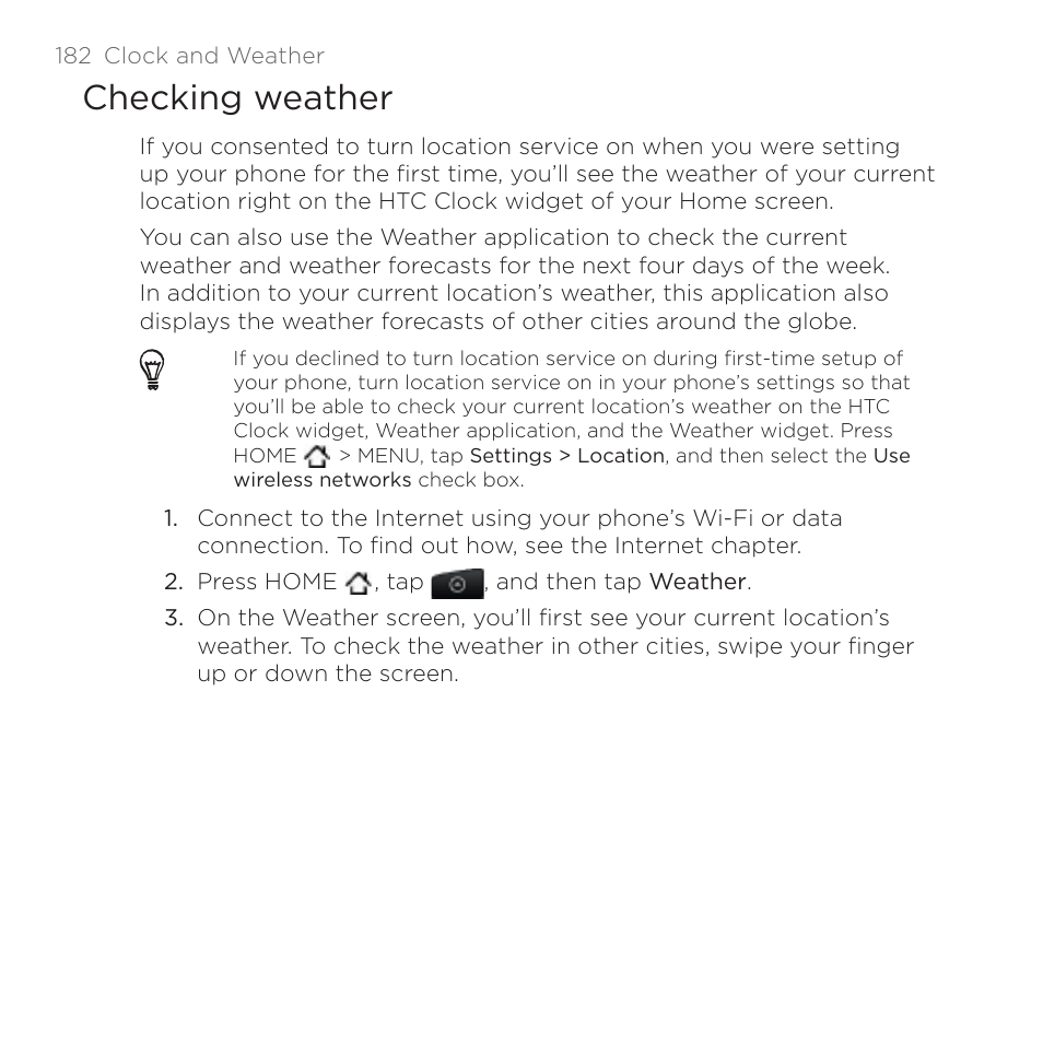 Checking weather | HTC DROID Incredible User Manual | Page 182 / 308