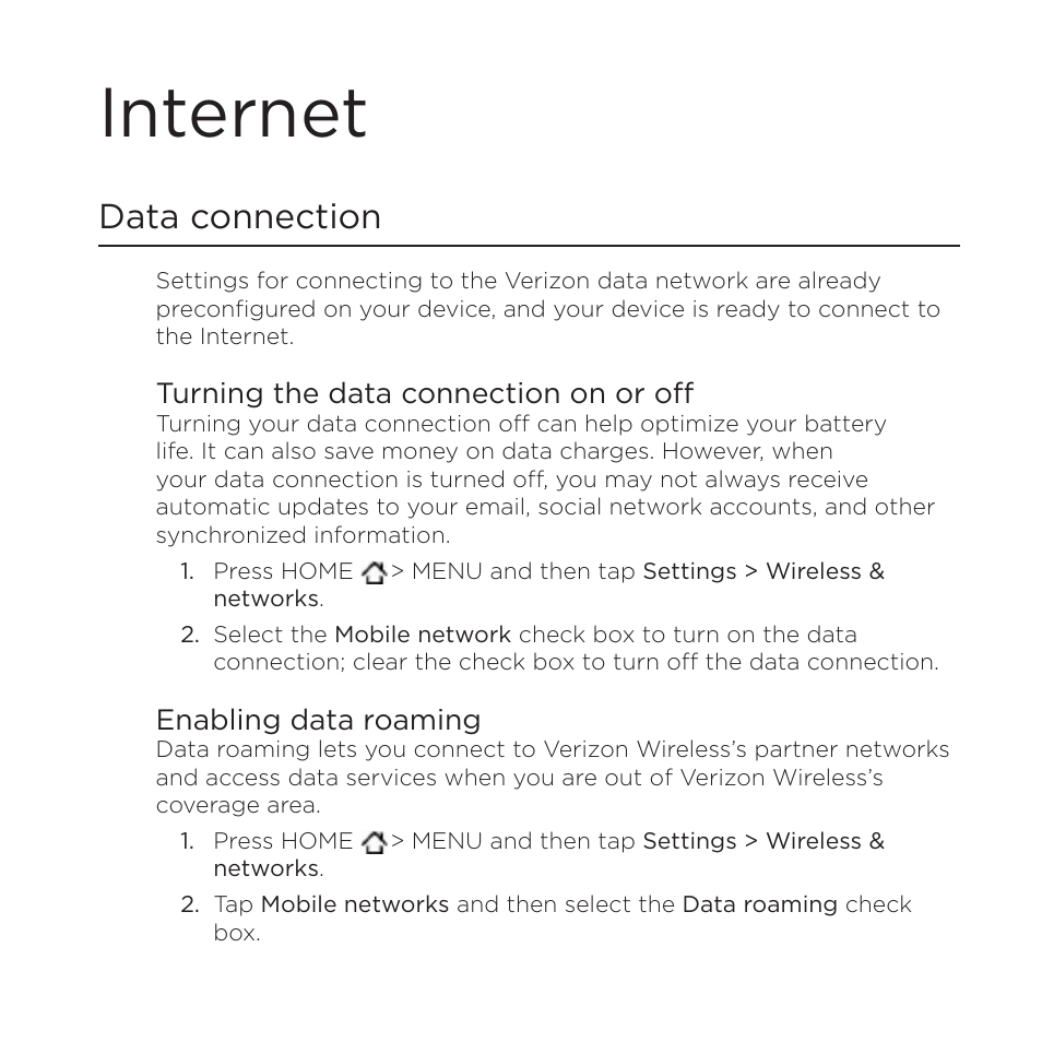 Internet, Data connection | HTC DROID Incredible User Manual | Page 186 / 308