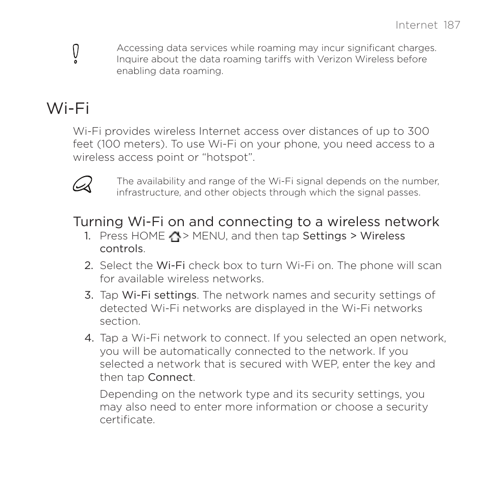 Wi-fi | HTC DROID Incredible User Manual | Page 187 / 308