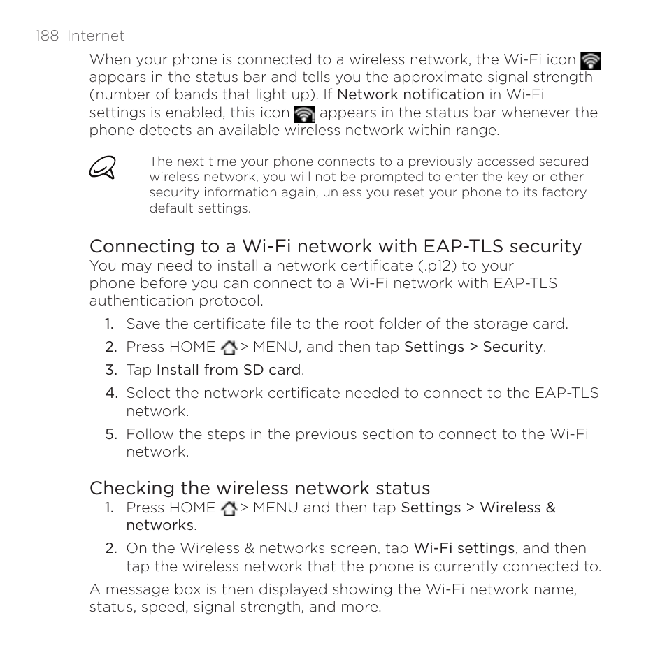 Checking the wireless network status | HTC DROID Incredible User Manual | Page 188 / 308