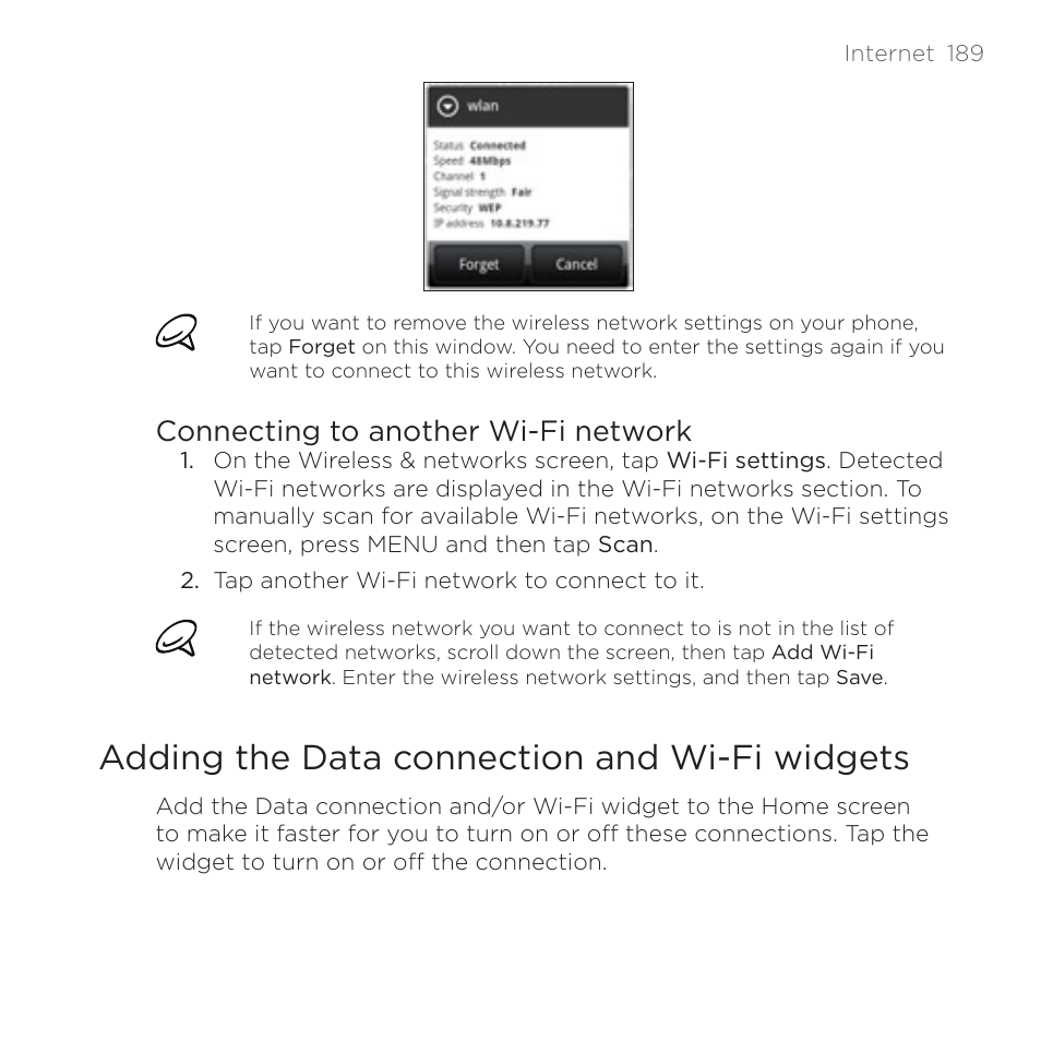 Adding the data connection and wi-fi widgets, Connecting to another wi-fi network | HTC DROID Incredible User Manual | Page 189 / 308