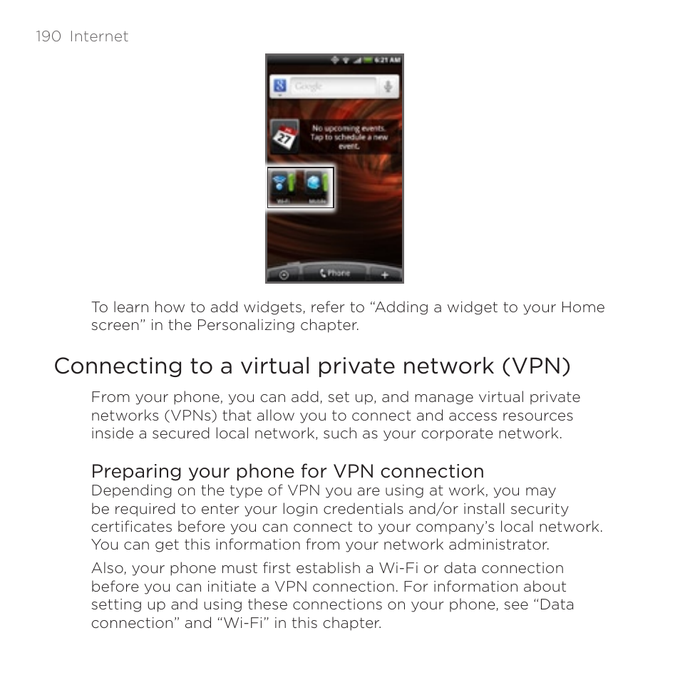 Connecting to a virtual private network (vpn), Preparing your phone for vpn connection | HTC DROID Incredible User Manual | Page 190 / 308
